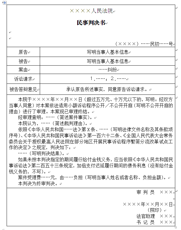 被告对原告所主张的事实和诉讼请求无异议的案件可以采用表格式判决