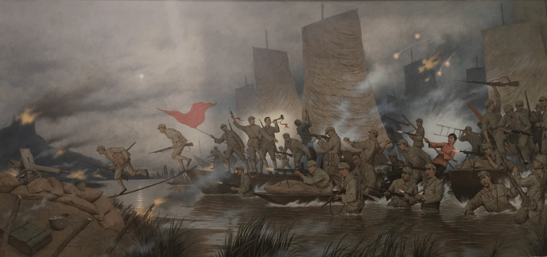 渡江战役油画中国航海博物馆藏筹备工作完成后,1949年4月20日晚,人民