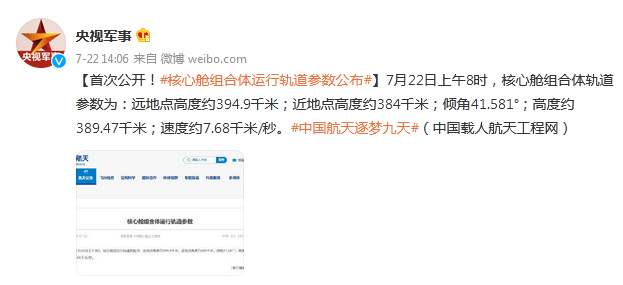 核心|首次公开！核心舱组合体运行轨道参数公布