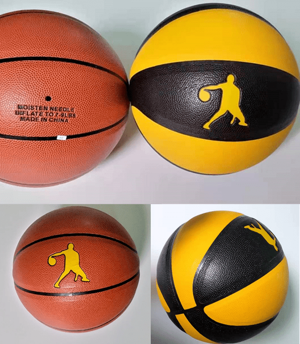 篮球颜色请看实物图,新款的两个颜色,logo都是黄色的 ,就是两边各一