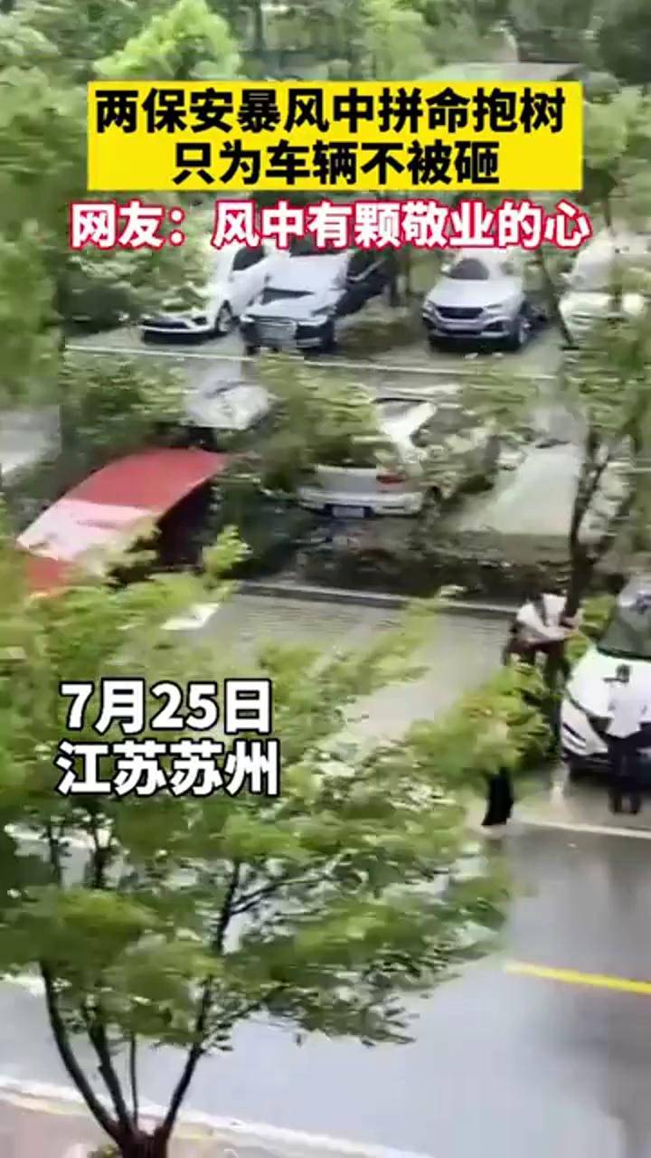 感动7月25日苏州台风来袭两保安为保护一旁车辆不被砸竟暴风中死死地