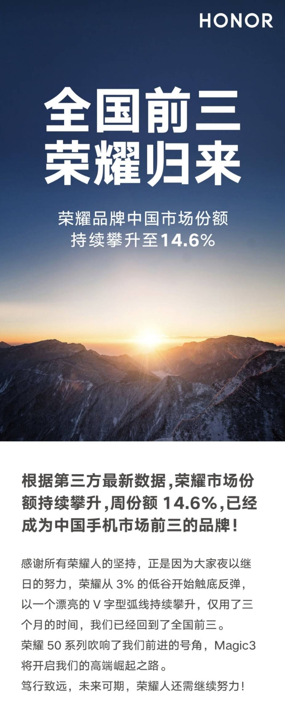 荣耀手机销量攀升 周份额成为中国前三_海报