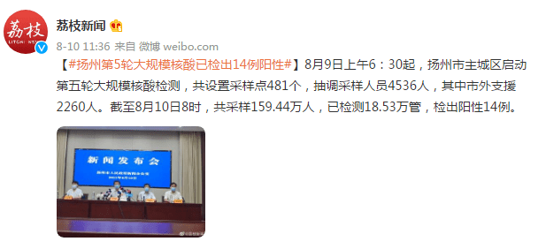 病例|扬州：现有2个高风险85个中风险地区，累计报告本土确诊病例394例