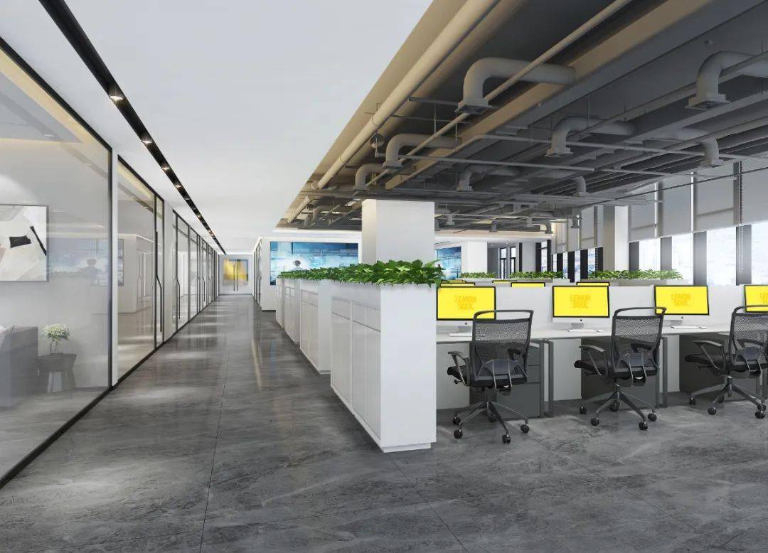 办公室风格,现代科技的材质中有清新自然的融合,在主要开放式办公区