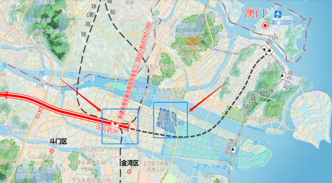 根据公示,经由珠海鹤洲站的高铁项目有珠肇高铁,广珠(澳)高铁,深珠
