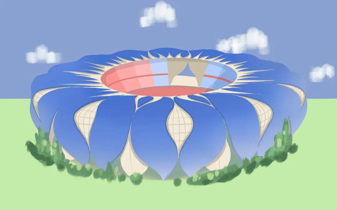 手绘出57个亚运会的场馆建筑,其中包括"大莲花"——杭州奥体中心体育