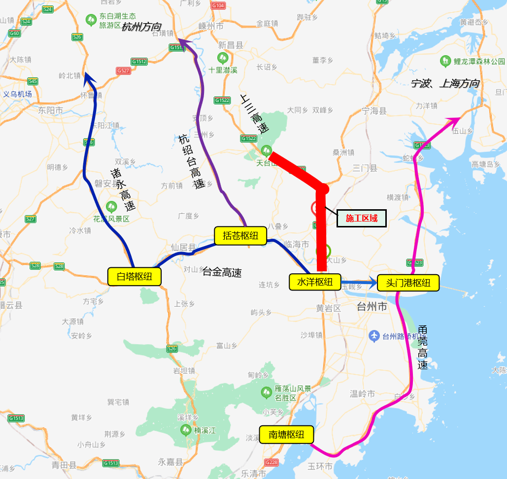 高速临海西下高速后绕行214省道,或从g1523甬莞高速健跳下高速绕行22