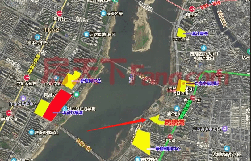 沿江南大道与建设西路交汇处,从区位上看,项目一线临江,距离南昌大桥