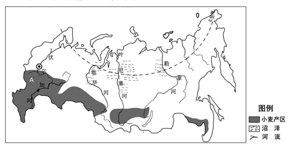 (1)归纳俄罗斯小麦产区的空间分布特点,说明小麦产区所属的农业地域