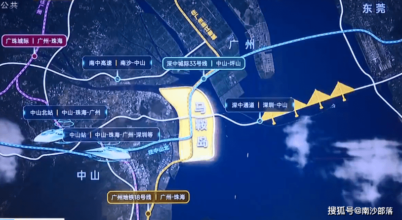 一路往西跨珠江口,连接南沙的龙穴岛,再往西接入南中珠城际-香山站后