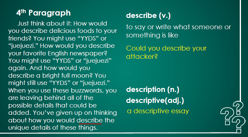 大家 整理一些语法要点。 例如，describe的名词和形容词形式，no longer的用法