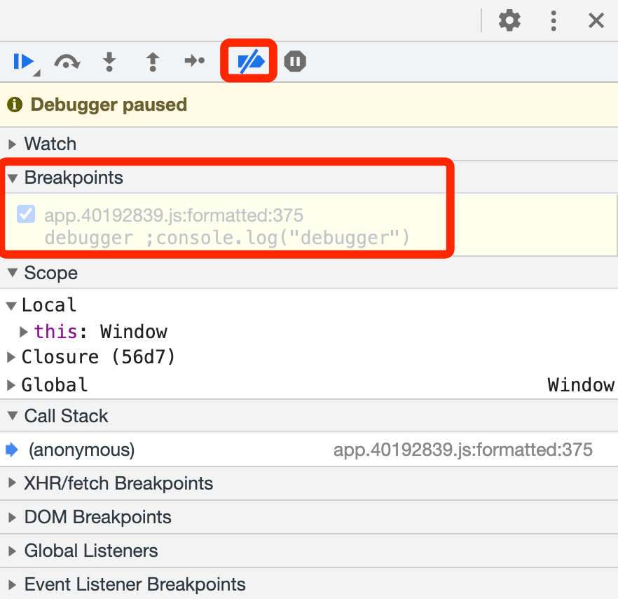 禁用开关位于 sources 面板的右上角,叫作 deactivate breakpoints