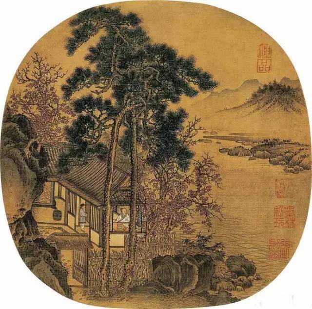 欲突出画面,用浓墨重色画万松深壑,高岭飞泉,云雾峦嶂,山石作大斧劈皴