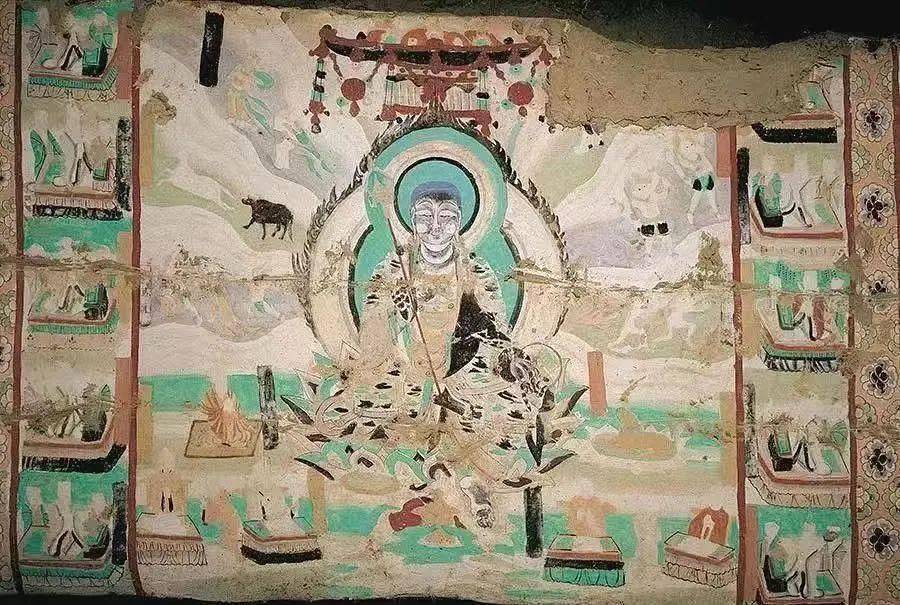 大众，见舍利弗于佛前受阿耨多罗三藐三菩提记，心大欢喜，踊跃无量。“六道轮回图 五代 莫高窟第390窟