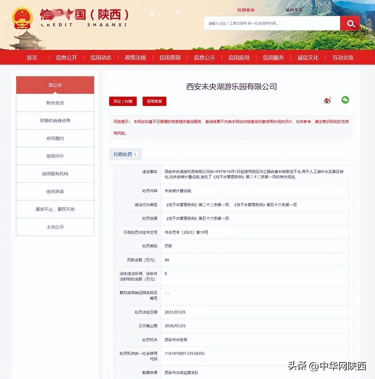 擅自取用地下水且未安装计量设施 西安未央湖游乐园被合计罚款58万