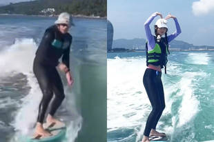 杨颖教周星驰冲浪动作 两人互动有趣可爱