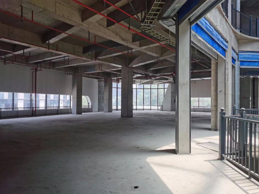 目前,商场内部仍呈毛坯状态, 但管道,消防设施,栏杆,电梯等都已经安装