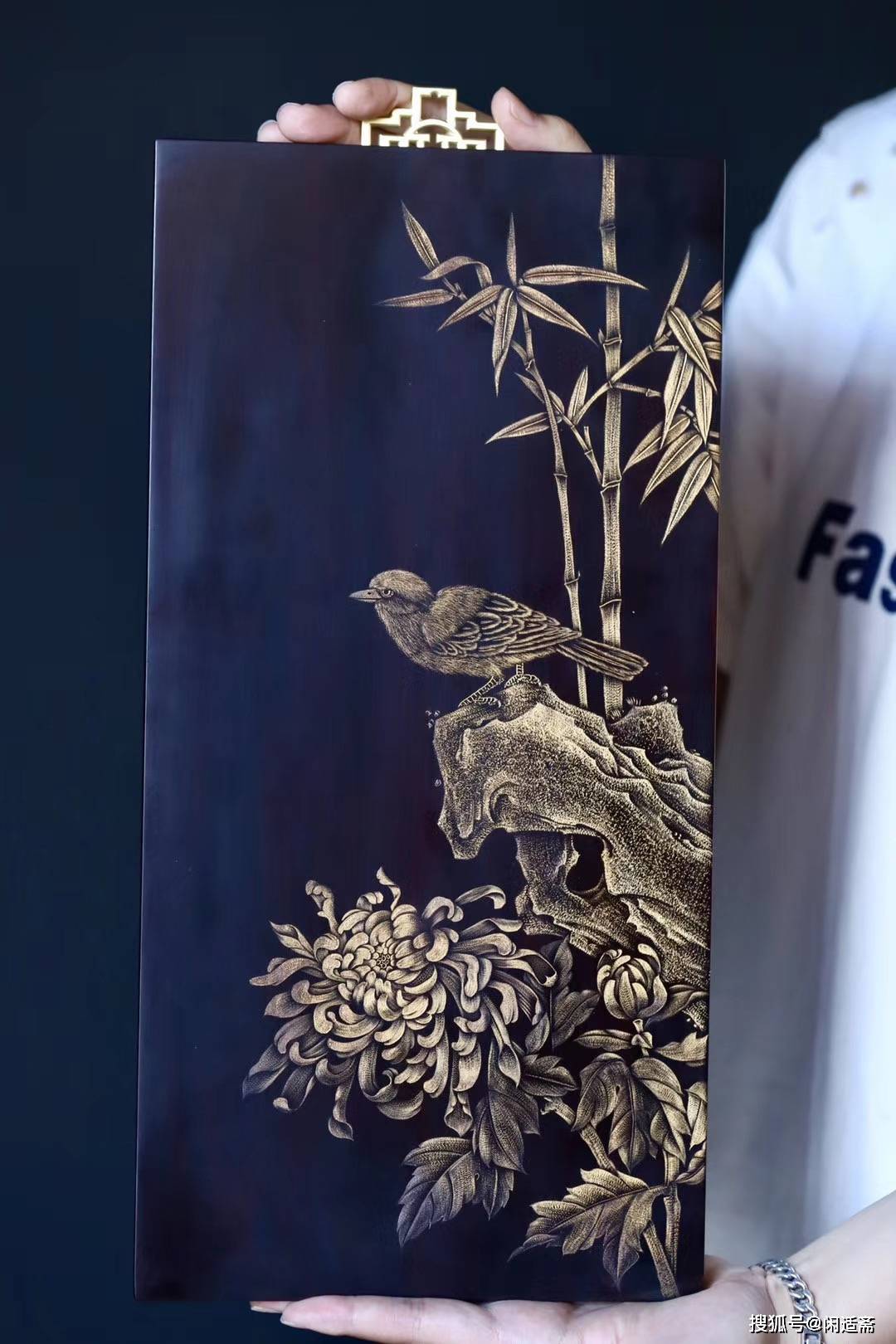 小叶紫檀,影雕炝金「四季平安」条屏