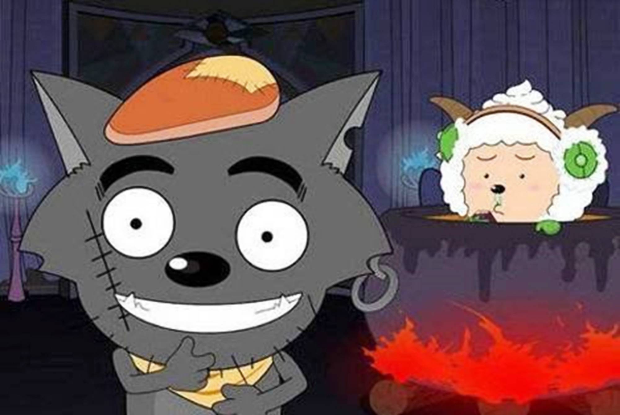 就是三个孩子模仿《喜羊羊与灰太狼》中的煮羊情节, 将同伴绑在树上