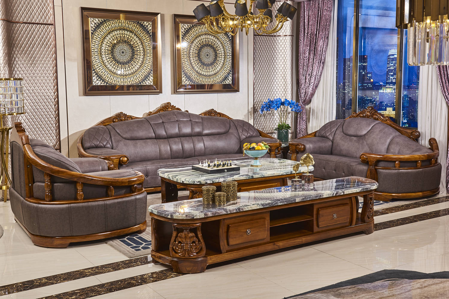 战盾住宅家具优质选材乌金木头层真皮组合家具