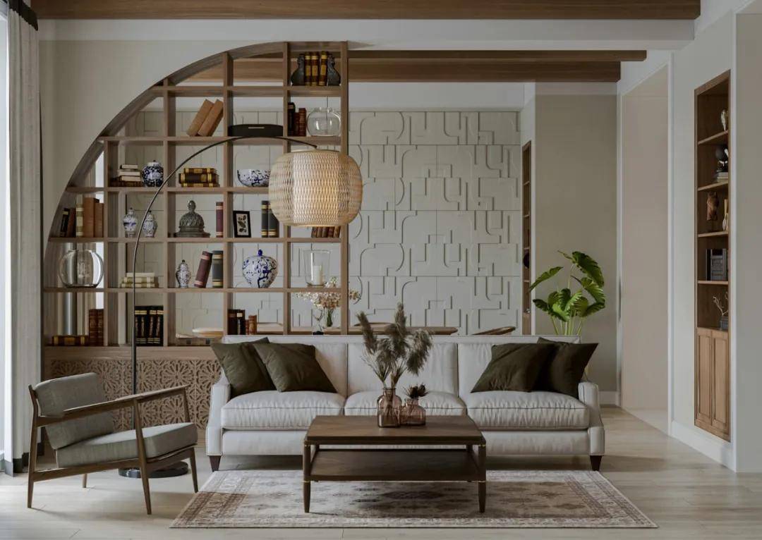 定制的隔断博古架绝对是一大亮点,造型依原结构走势形成了自然的弧形