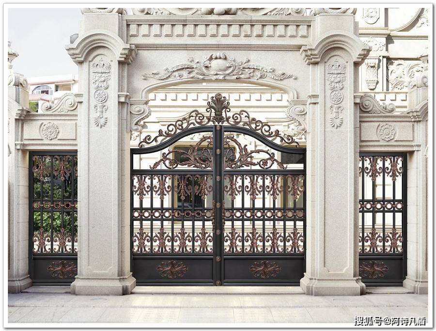 1,欧式仿铁艺别墅石材大门平开门一对侧门图片.