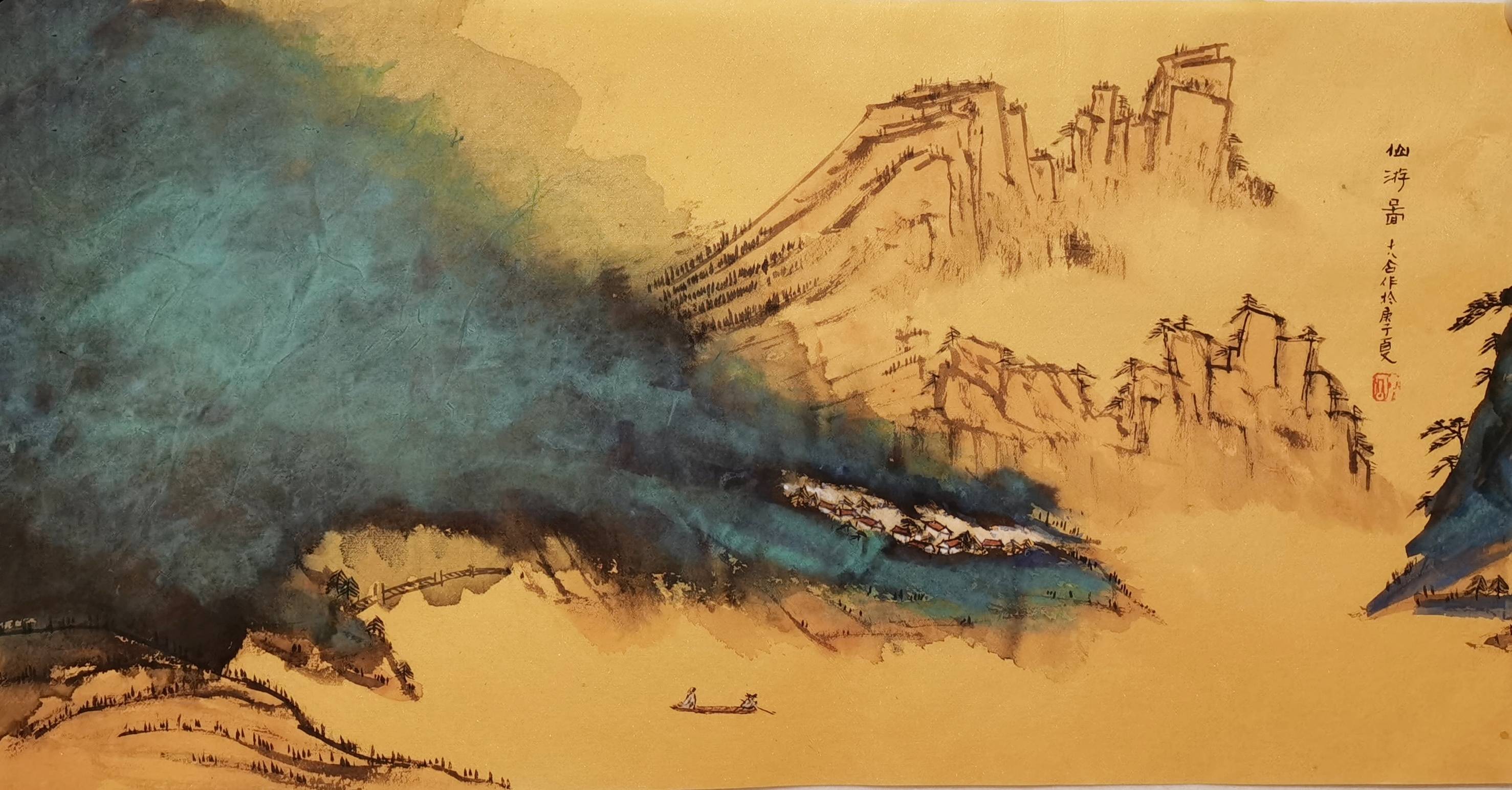 十八公泼彩青绿山水作品(四尺四裁)_国画