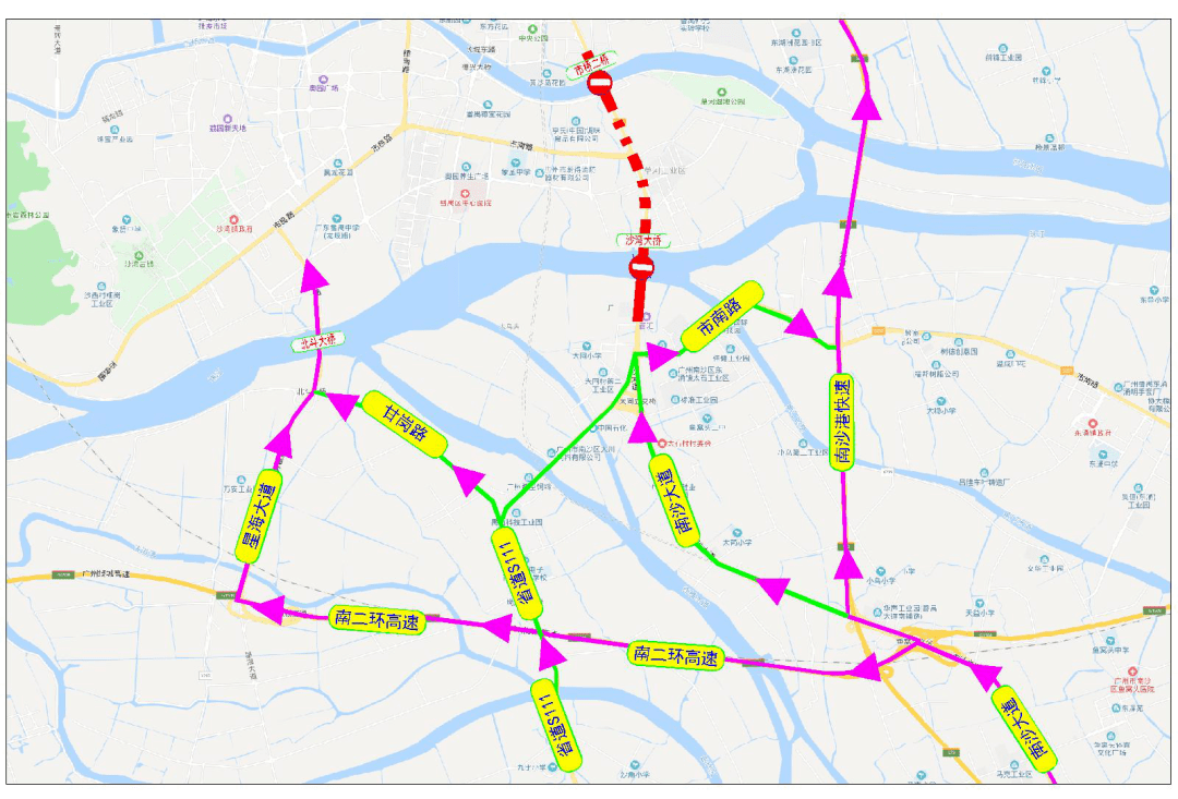 南沙榄核,东涌往广州,番禺方向绕行线路示意图