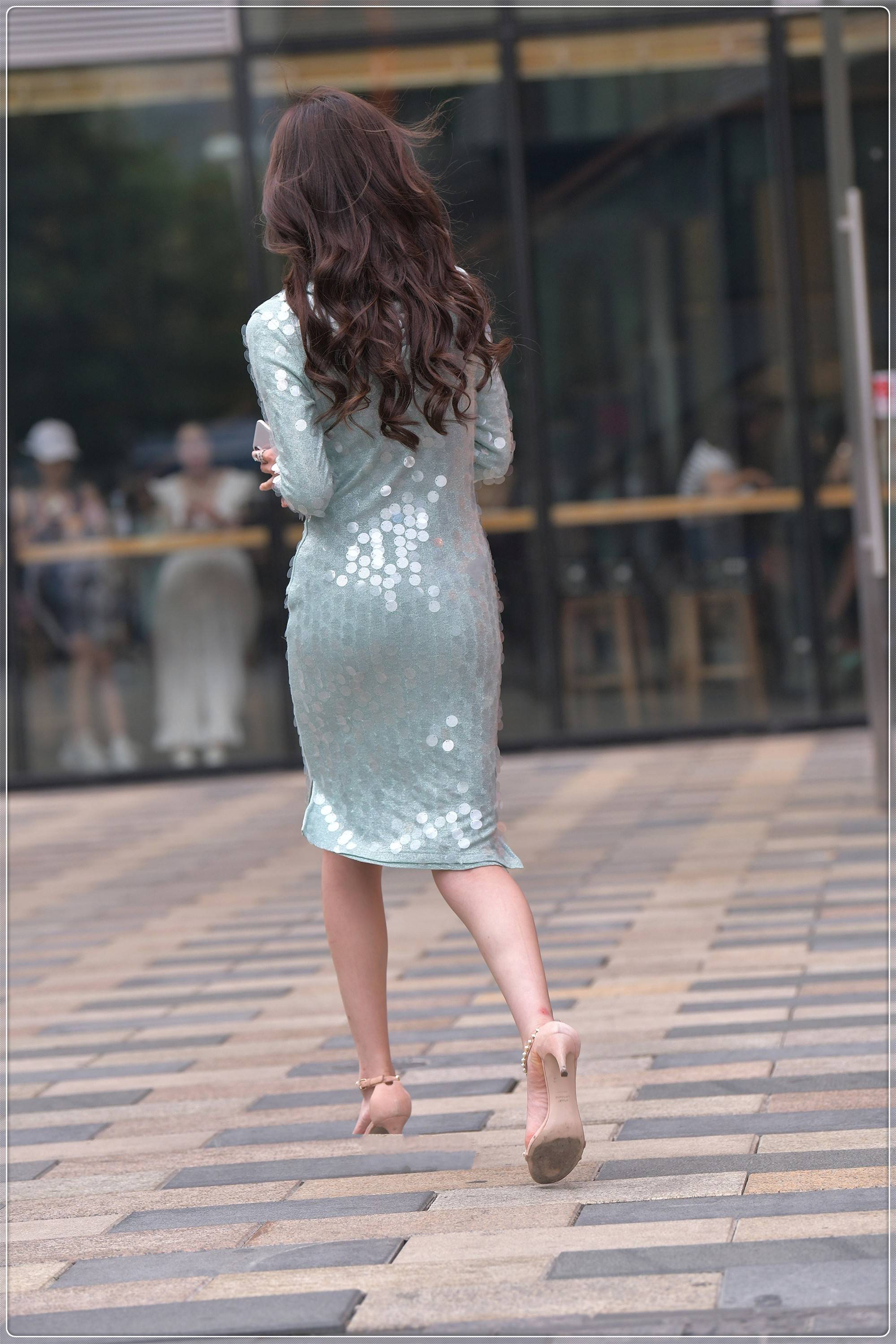 原创淡青色亮片裙时尚优雅尽显成熟女人气质