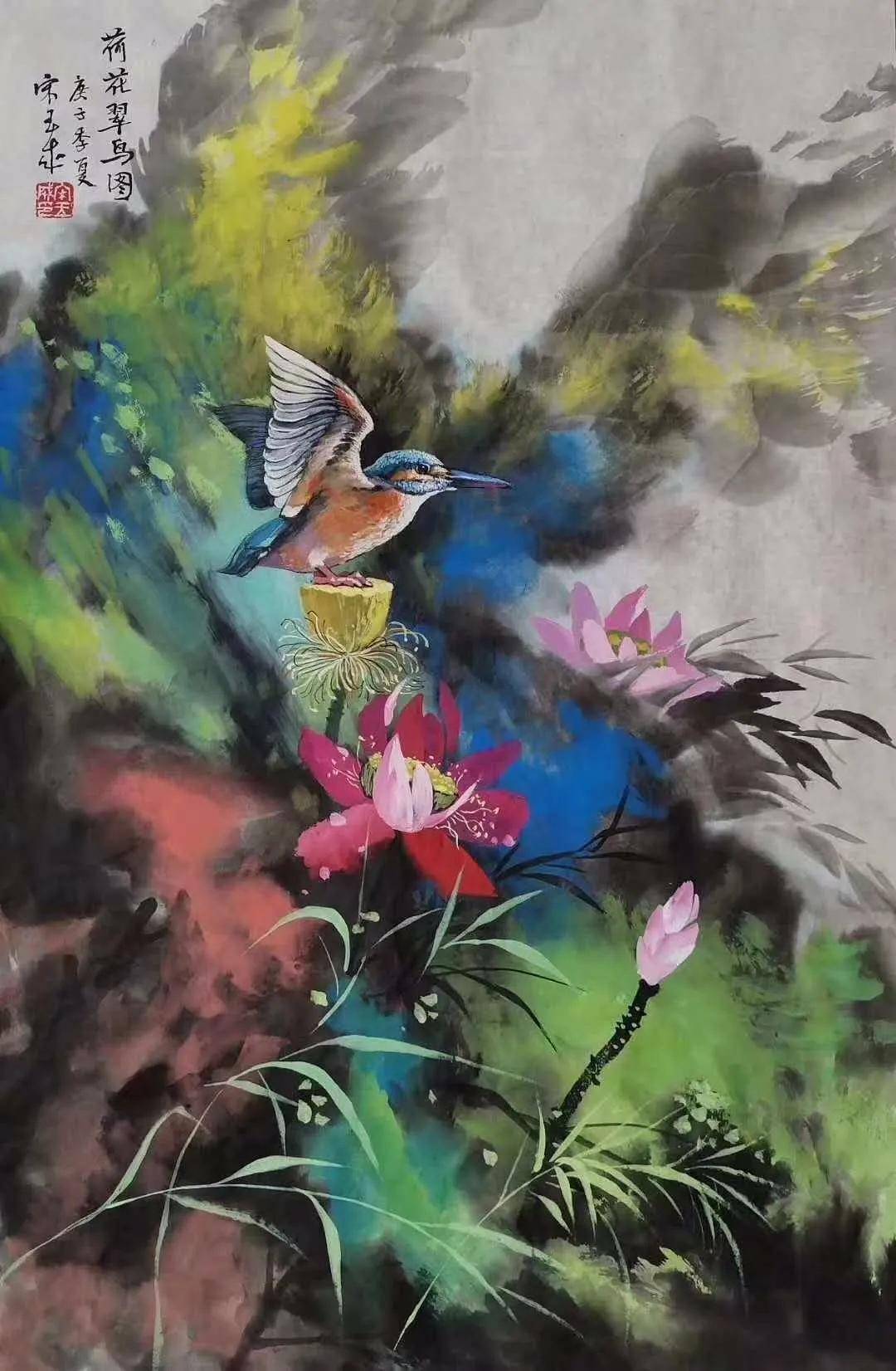 重彩花鸟彩墨探索者画家鲁美宋玉成