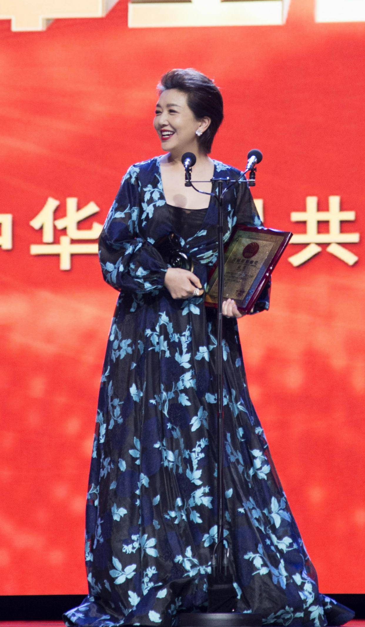 江珊也不服老,印花长裙胸前仅靠薄纱遮,52岁身材丰满真有料_礼服