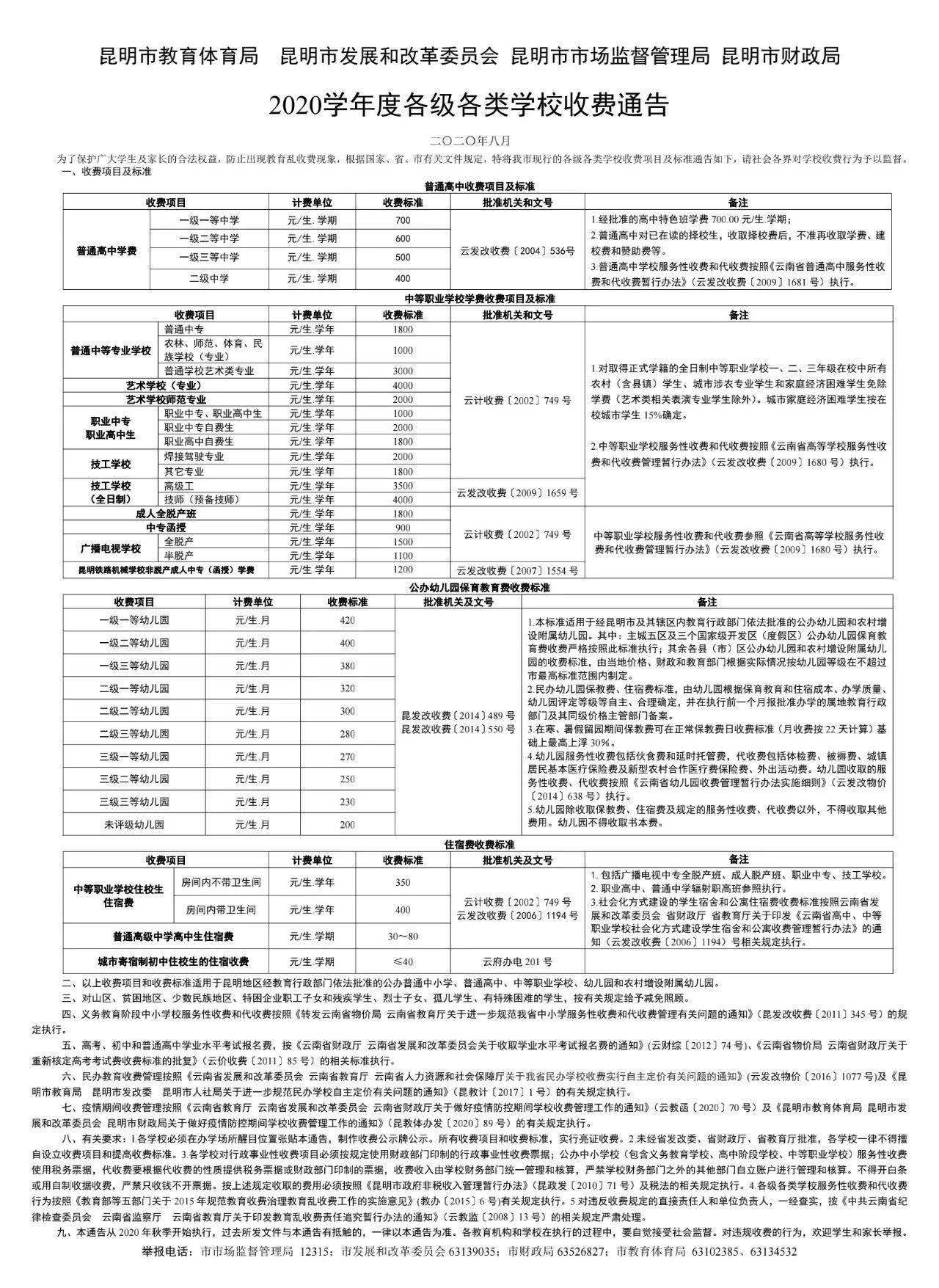 2020昆明各级各类学校收费标准公布(图1)