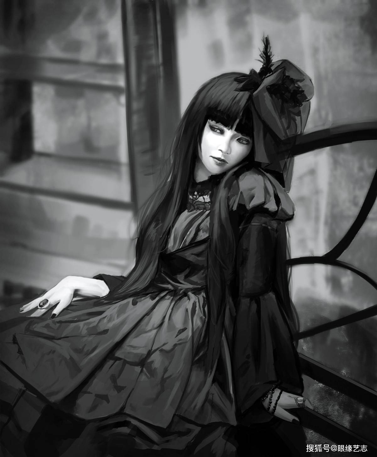 原创苍白的傀儡少女色彩尽头的浪漫数字艺术中的哥特风