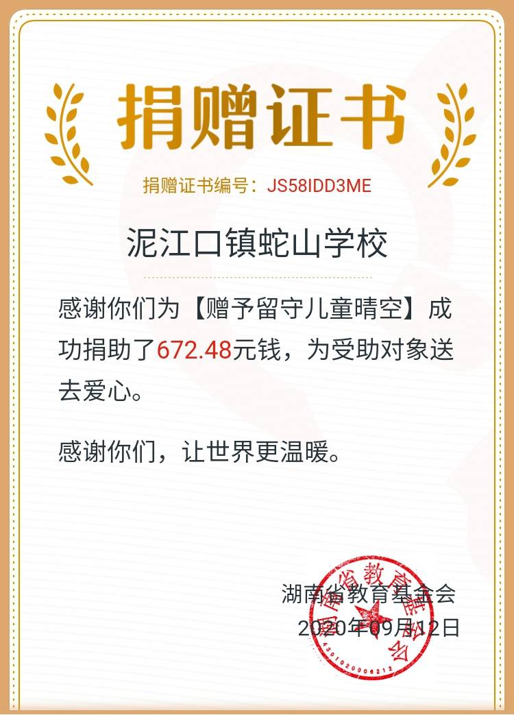 蛇山学校为"湖南留守儿童献爱心"99公益行