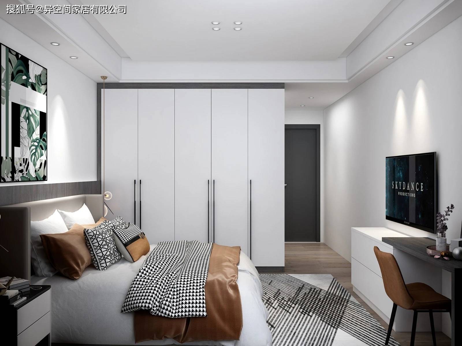 舒适的大床,搭配对称的床头柜,与衣柜,飘窗柜同样分担卧室收纳空间