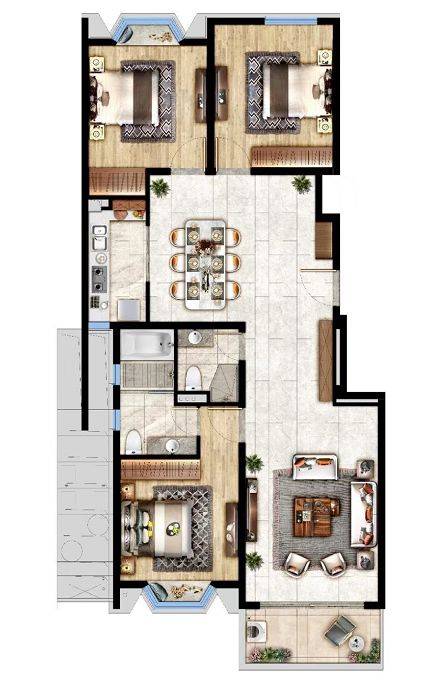 该户型不仅实现了3房的功能性,尺度感也完全符合改善型置业需求.
