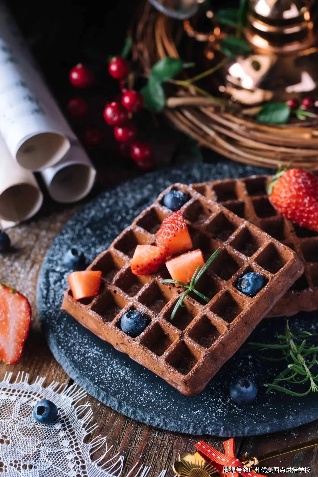 优美西点の可可糯米华夫饼花样与营养兼容的甜点