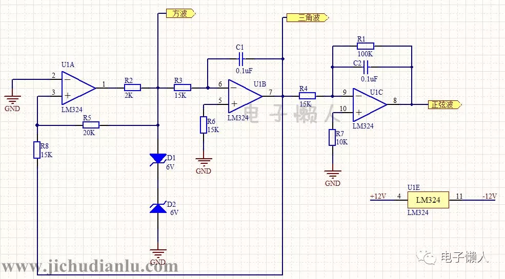 本例电路使用lm324运放设计一款方波,三角波,正弦波的函数信号发生器