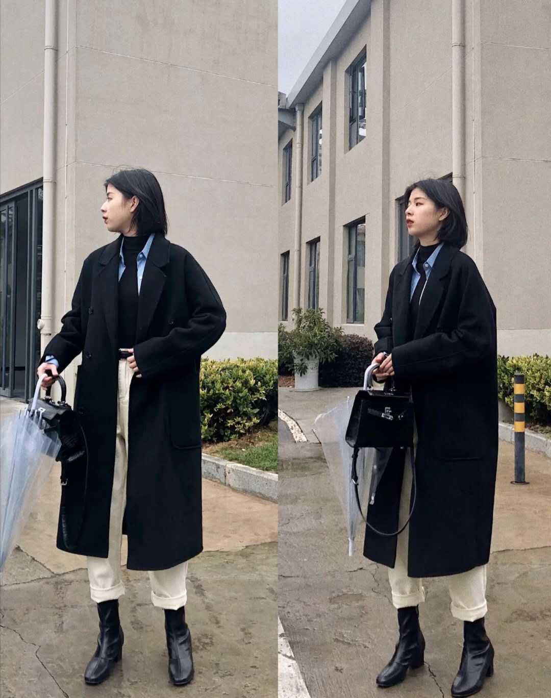 黑色靴子衬衫 大衣的叠穿,尤其是白配黑,非常有韩系小姐姐的气质了