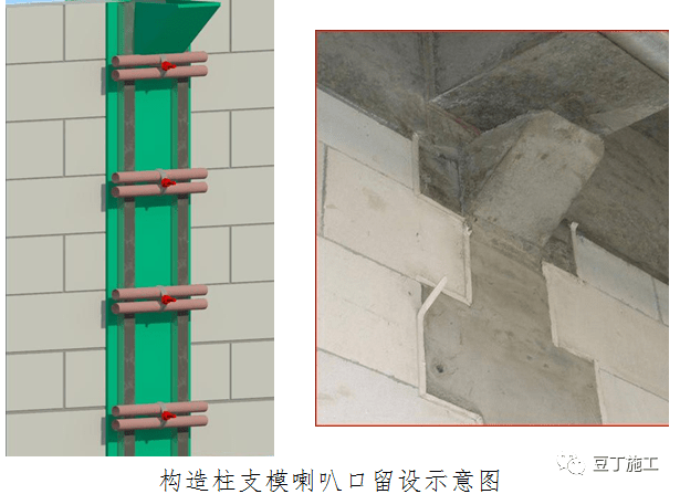 (22)构造柱支模上部做成喇叭口,混凝土灌注到顶,以保证混凝土浇筑密实