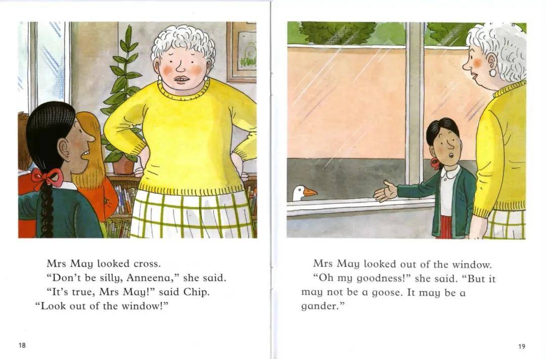 "theres a goose in the playground!""mrs may! mrs may!
