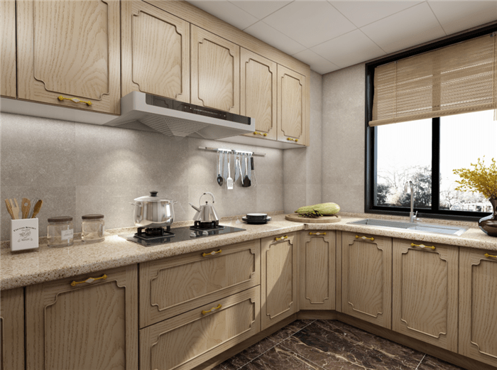 厨房设计l型橱柜.吊柜和地柜不同功能的柜体可收纳各种厨房用具.