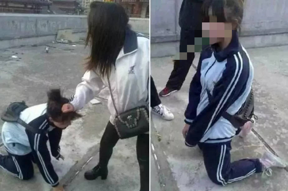 有人在楼梯上被欺负,踩踏.比如有女生站在墙角被扇耳光.