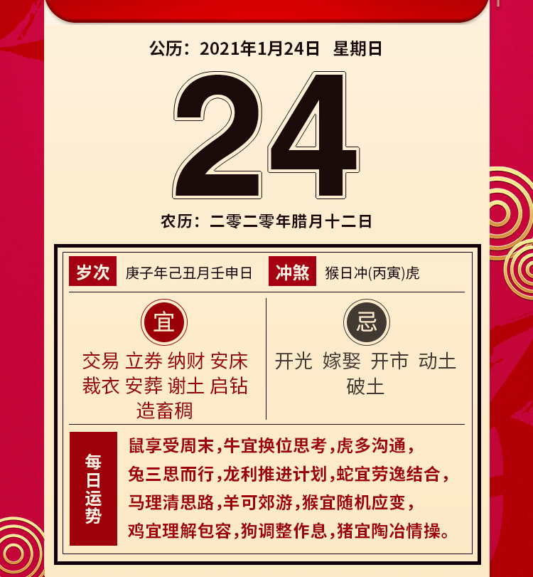 庚子年 己丑月 壬申日  星期日 本日忌宜  宜交易 立券 纳财 安床 裁