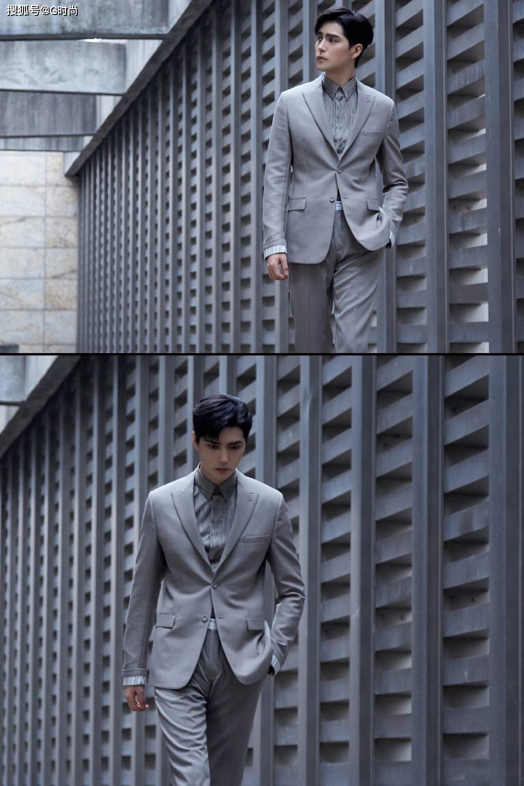 阿云嘎身穿硬朗西服套装搭配条纹衬衫,矜贵绅士