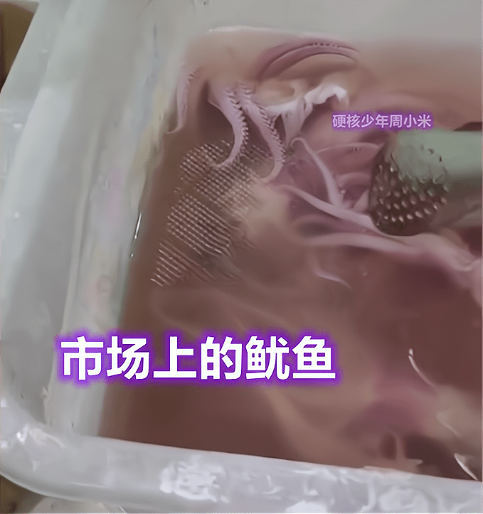 但四川成都的一位大姐却见到了"人造海鲜",她在市场买的鱿鱼焯水后