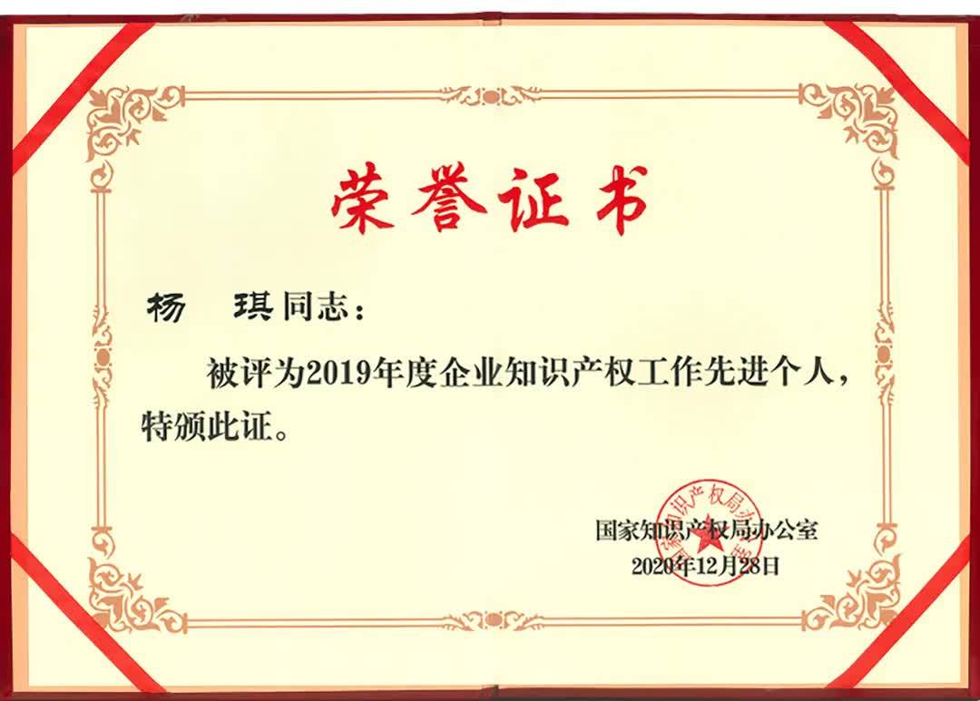 康婷集团总裁杨琪荣获2019年度企业知识产权工作先进个人