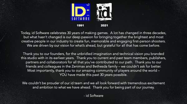 John|FPS祖师id software成立30周年 官方发文感谢多年支持