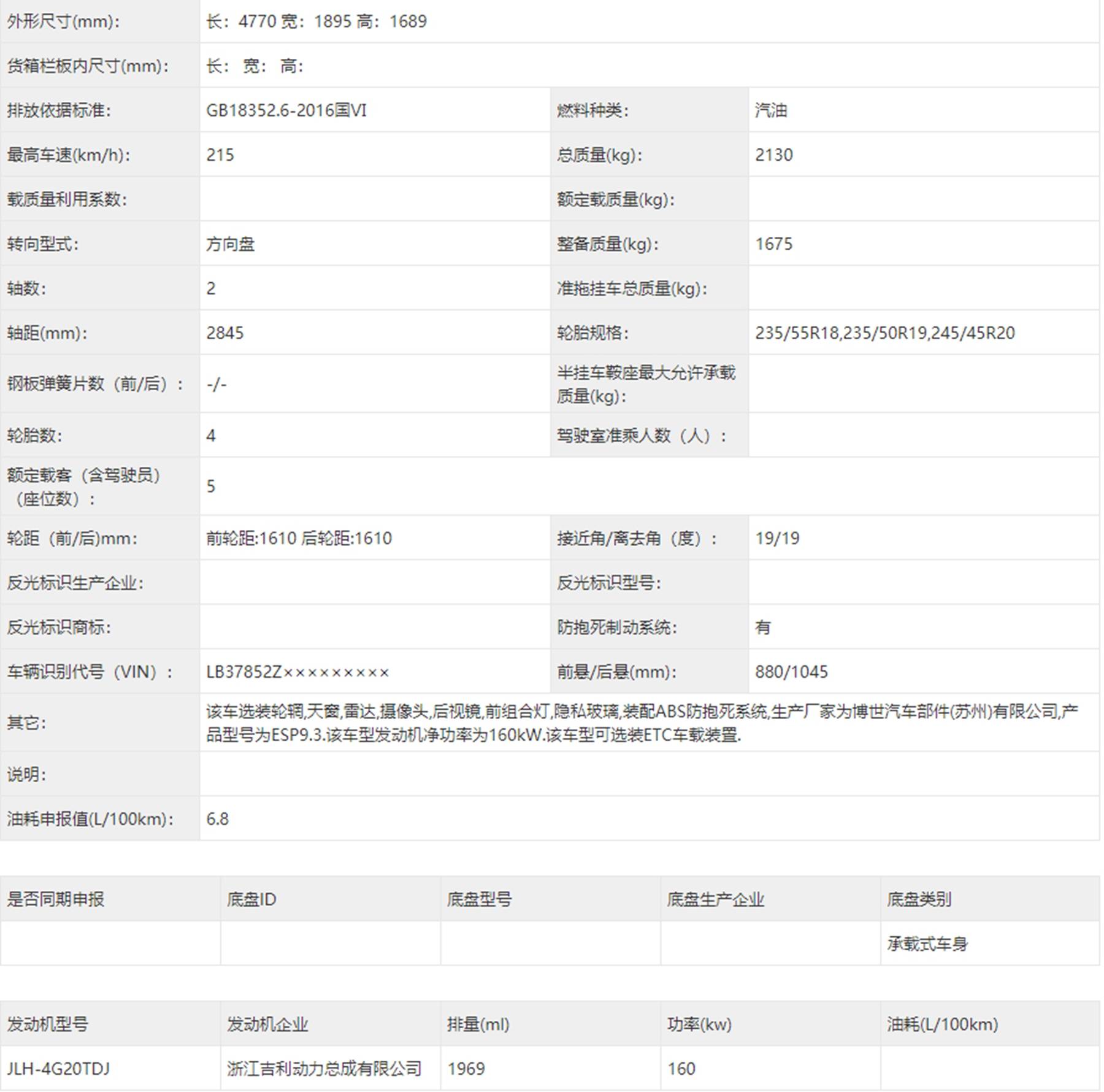 吉利kx11申报图曝光 搭载高功率2.0t 轴距2845mm