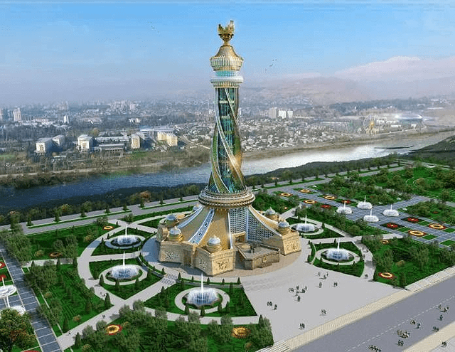 "独立与自由塔"位于塔吉克斯坦首都杜尚别市,由中建新疆建工牵头,联合